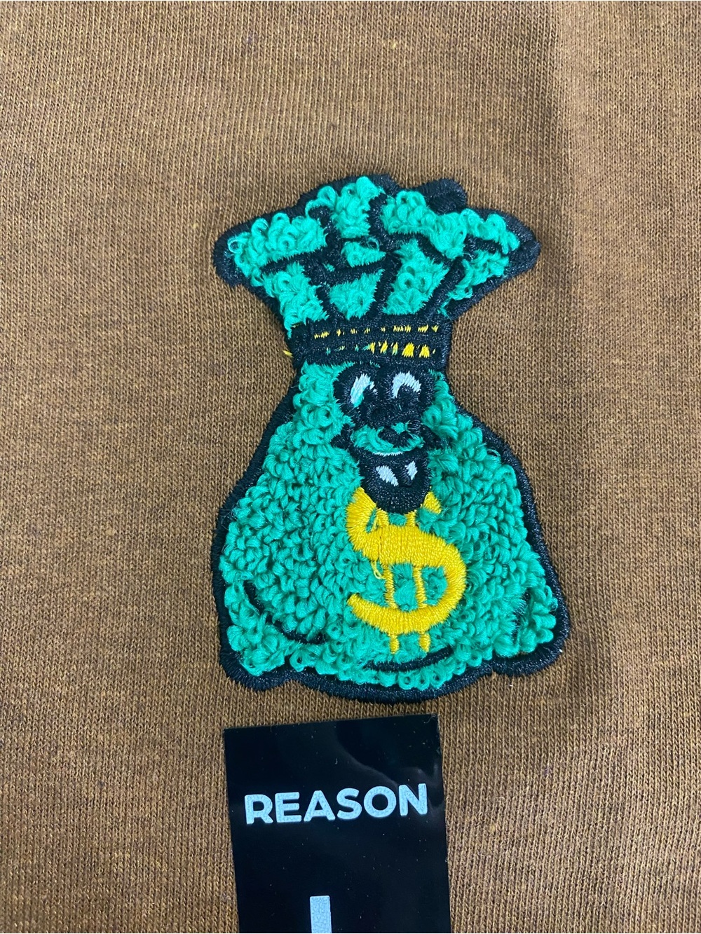 Reason men’s Brown Short Sleeve Crewneck Tee with Green Embroidered Money Bag - Picture 2 of 3